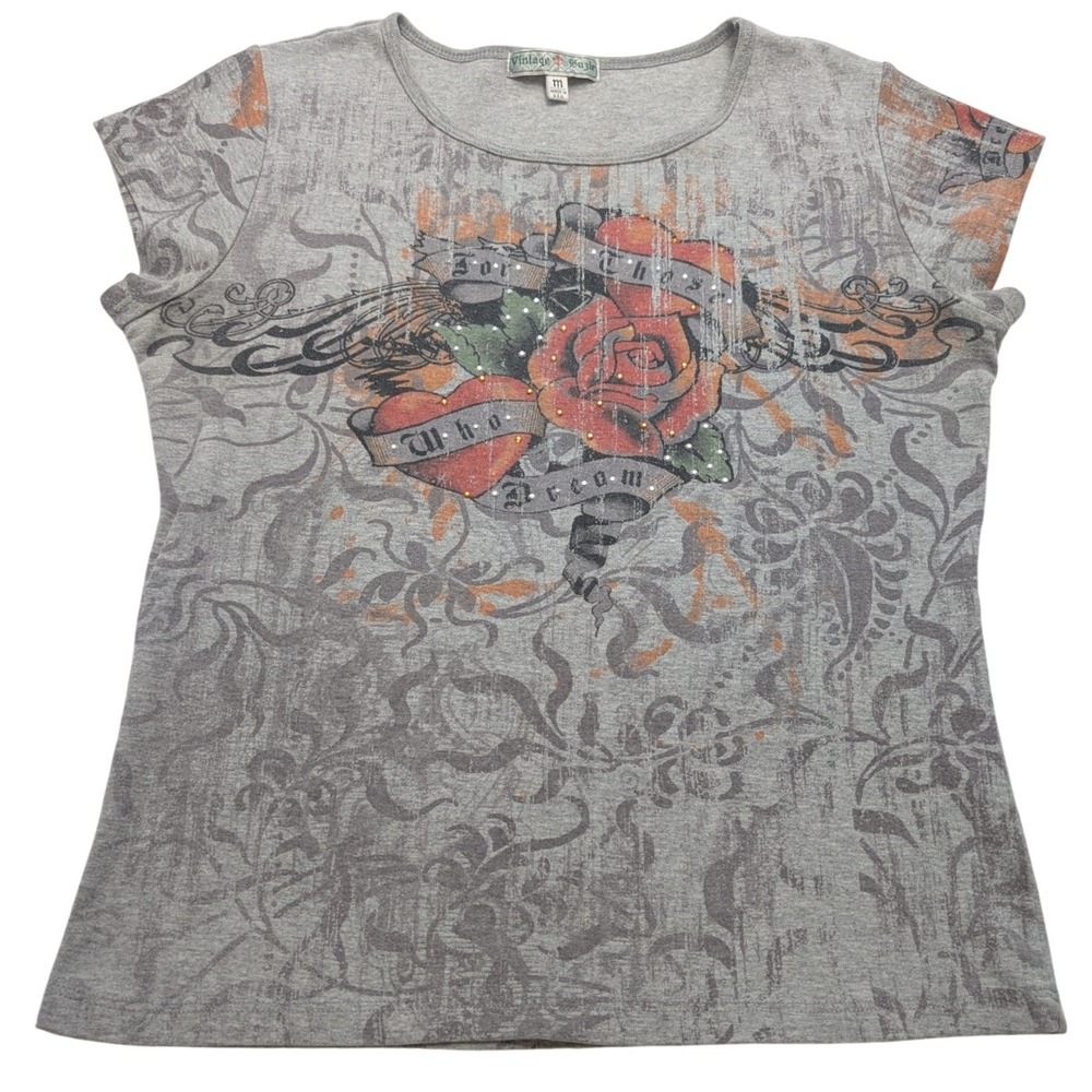 Vintage Suzie Graphic T-Shirt Women Medium Gray Y2K Rose Heart Rhinestone